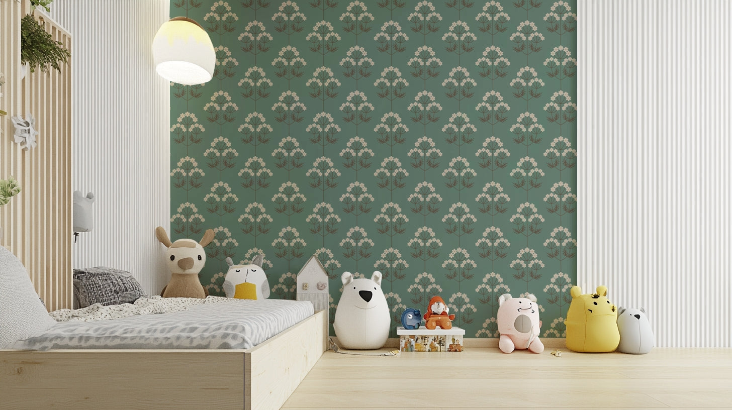 A charming floral design mural on decorative wallpaper.

