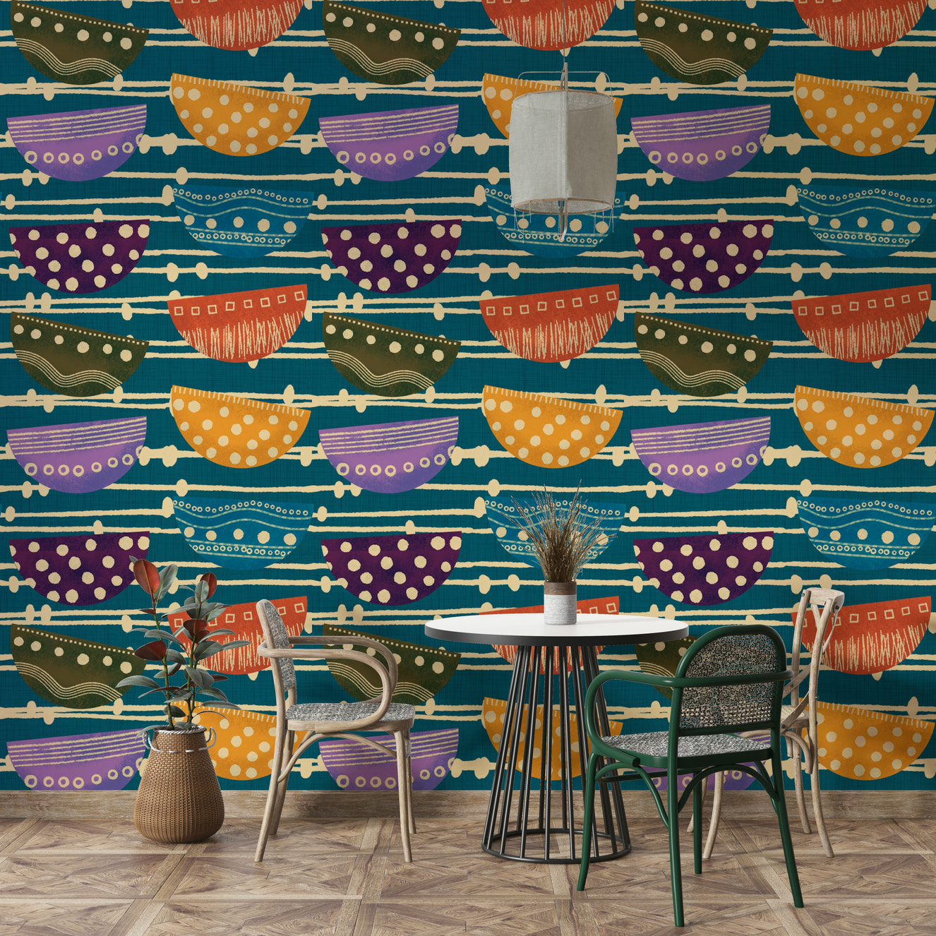 A beautiful retro bowl pattern wallpaper mural in teal.

