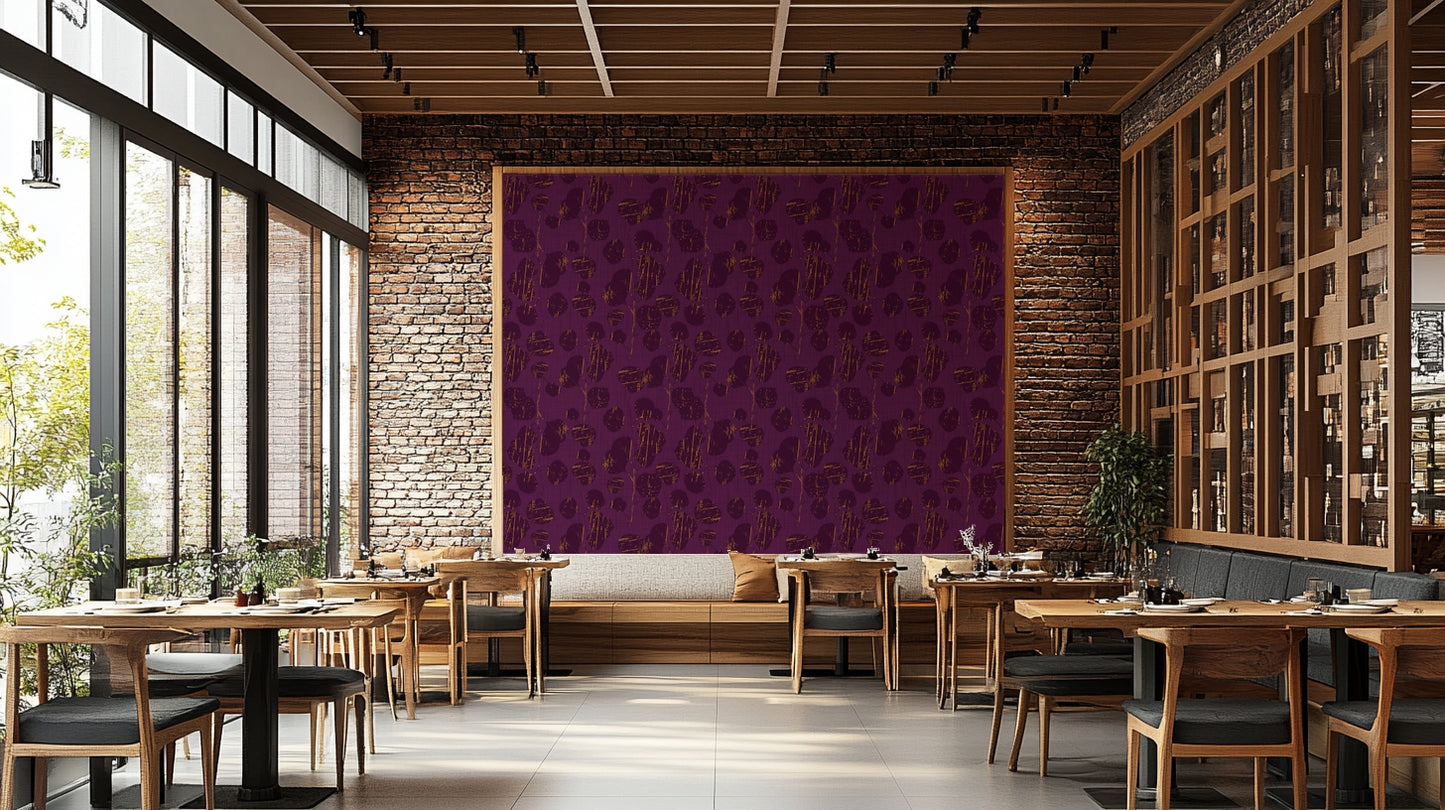 A bohemian plum leaf mural on decorative wallpaper.