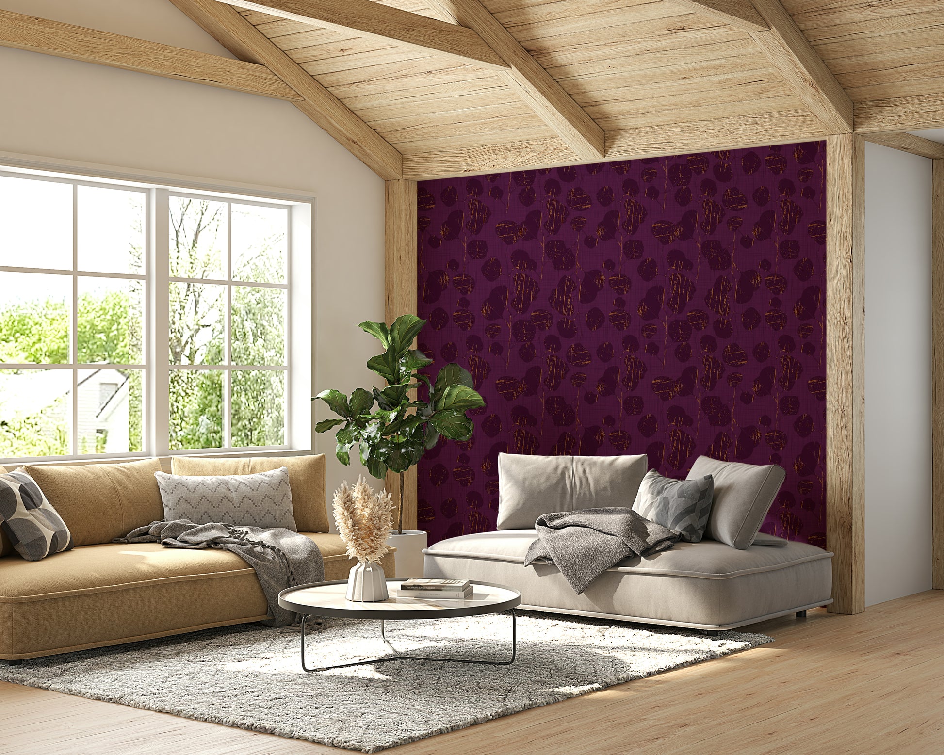 A classic floral wallpaper for walls with purple color.