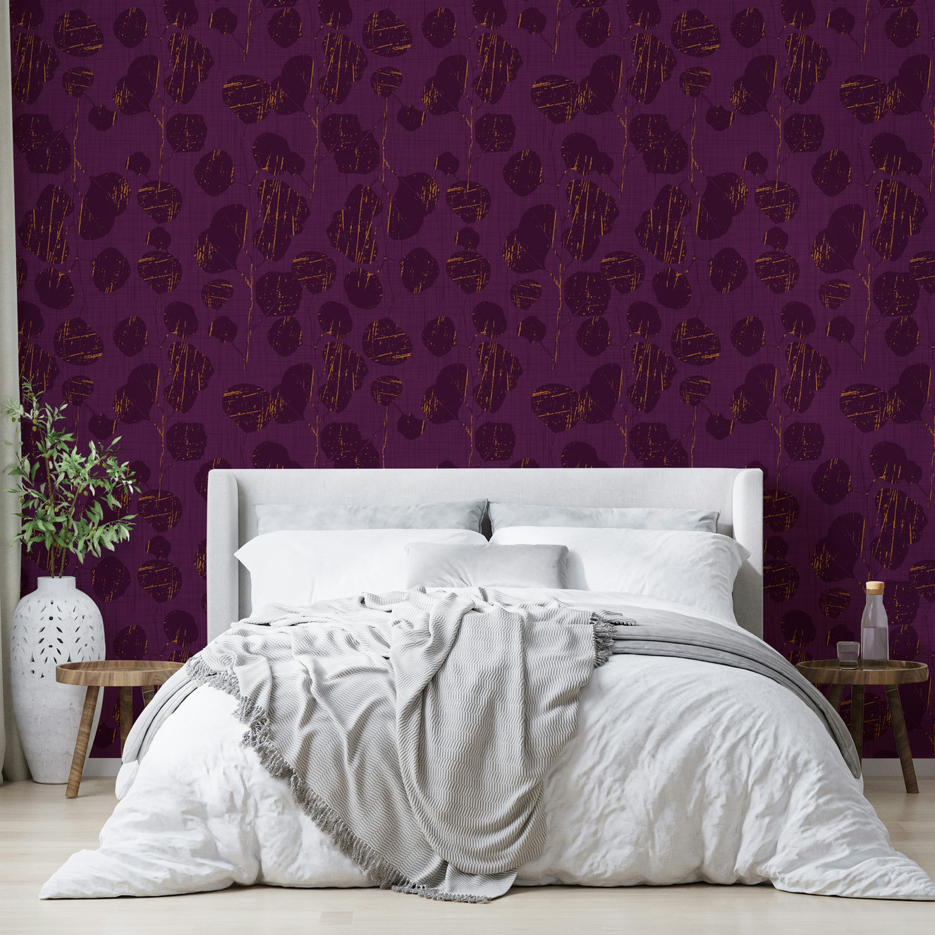 A beautiful boho floral wallpaper mural with purple accents.