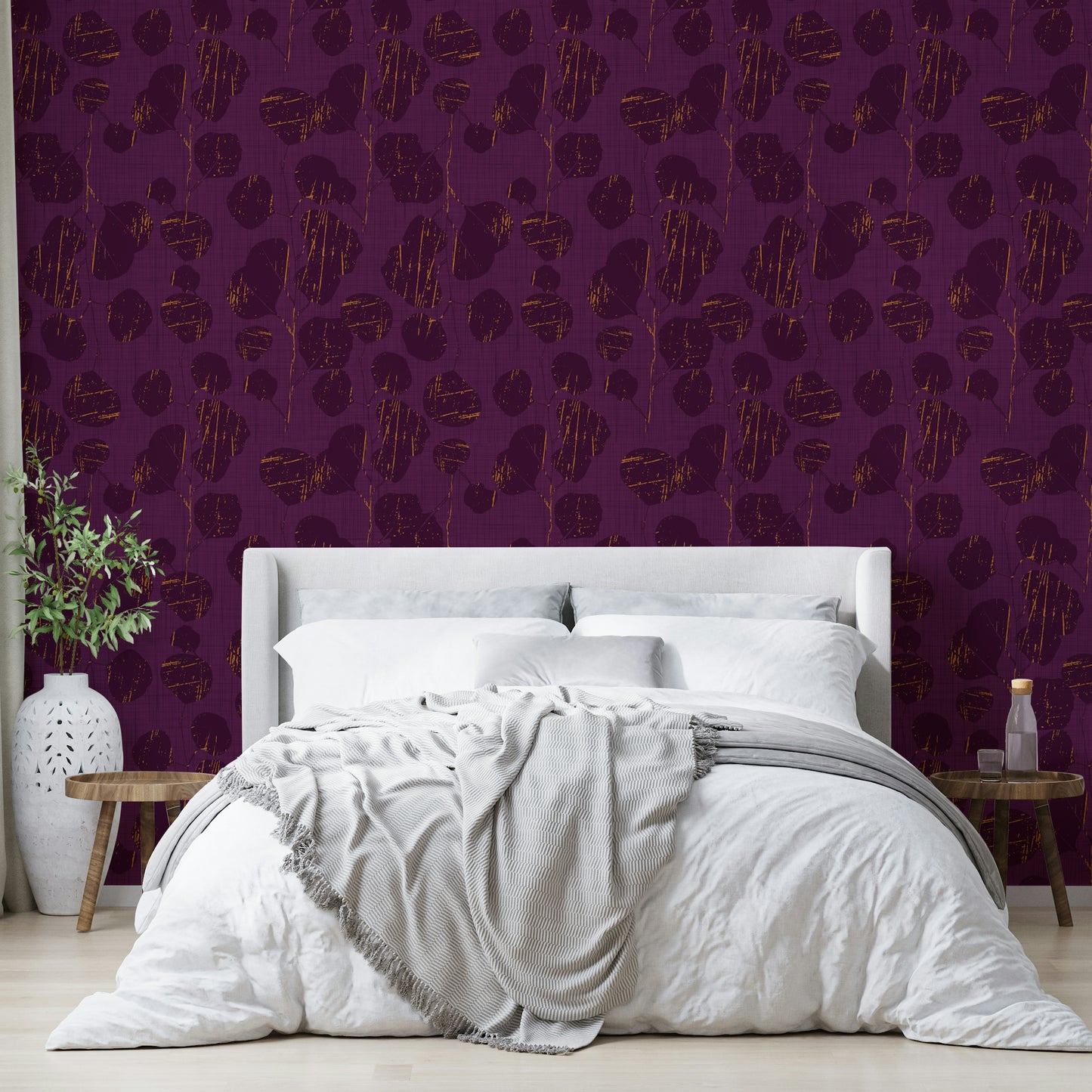 A beautiful boho floral wallpaper mural with purple accents.