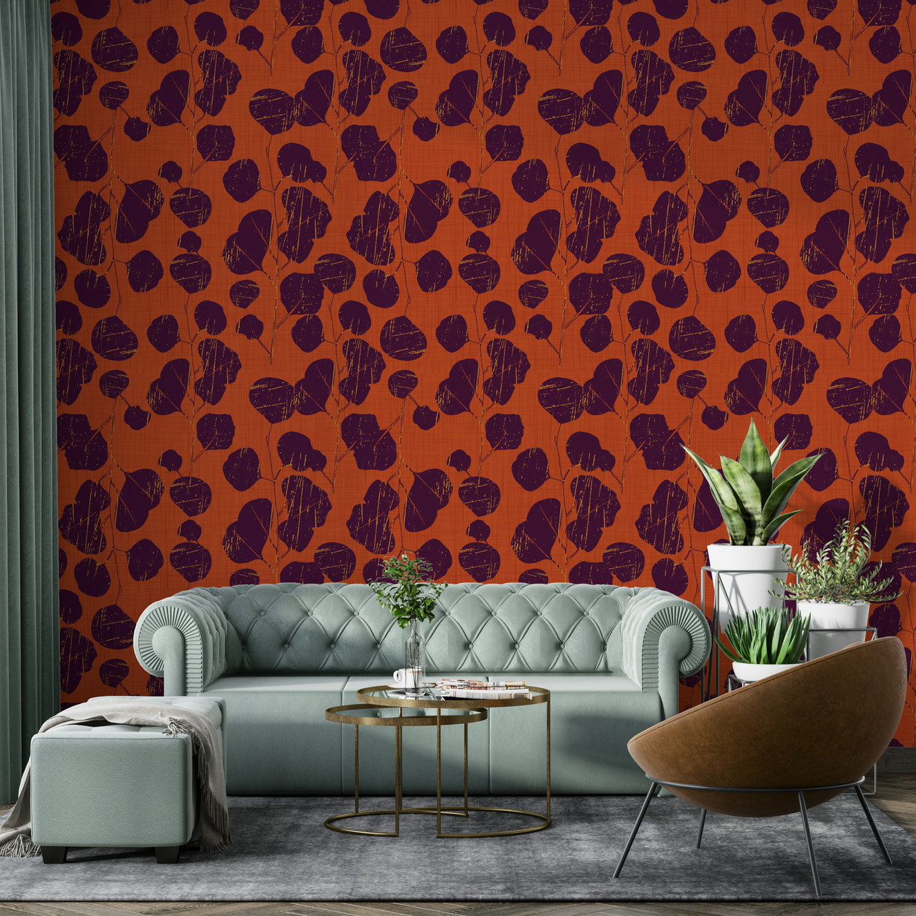 A beautiful boho floral wallpaper mural with terracotta accents.

