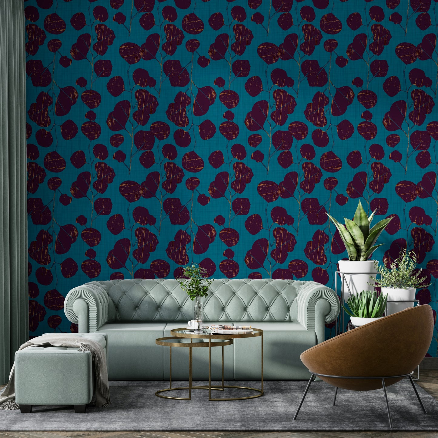 A classic floral wallpaper for walls with teal color.

