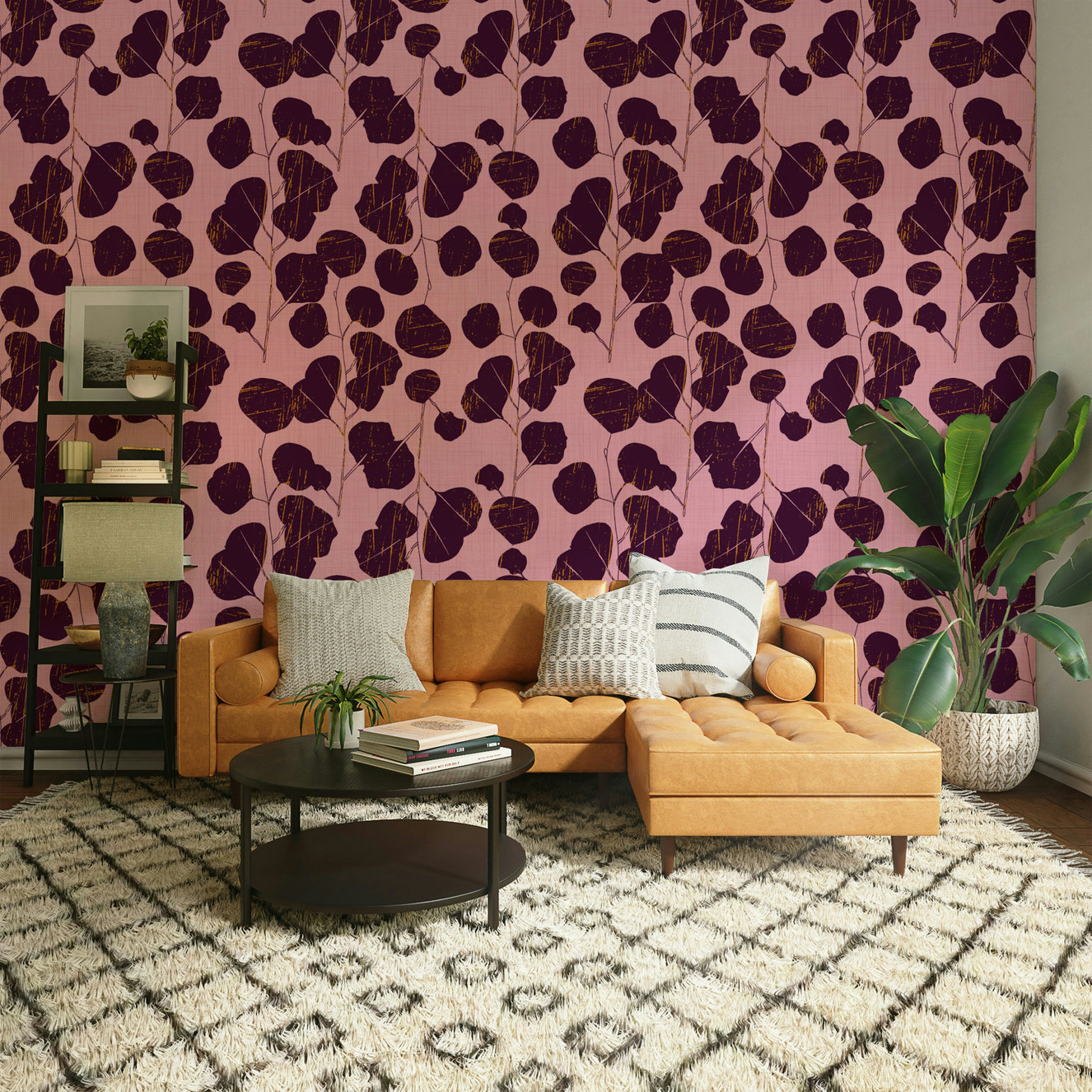 A beautiful boho floral wallpaper mural with pink accents.

