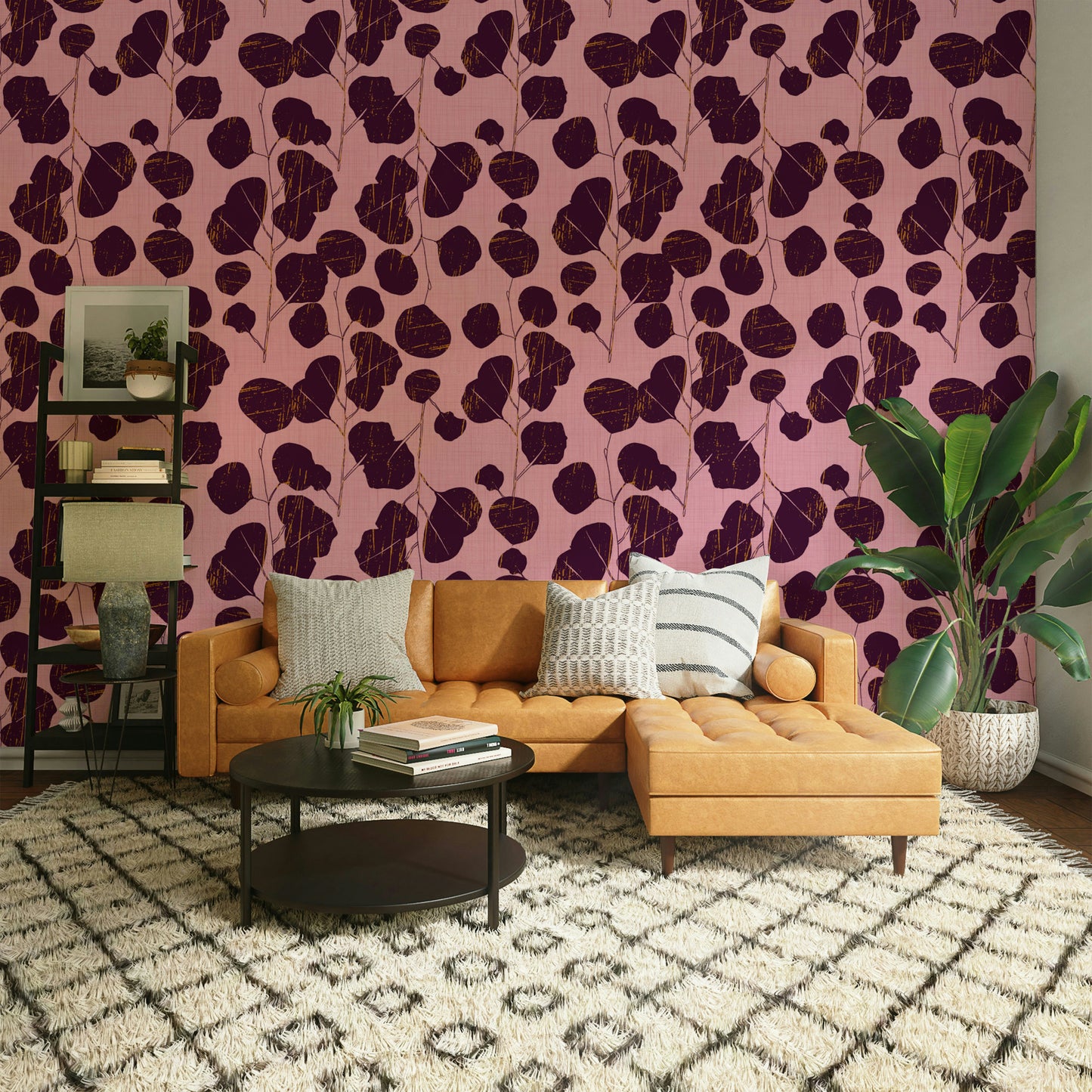A beautiful boho floral wallpaper mural with pink accents.

