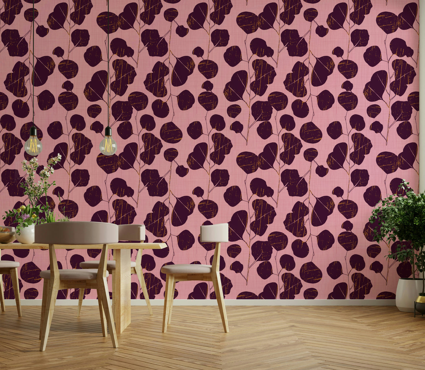 A tasteful botanical wall mural of plum leaves.

