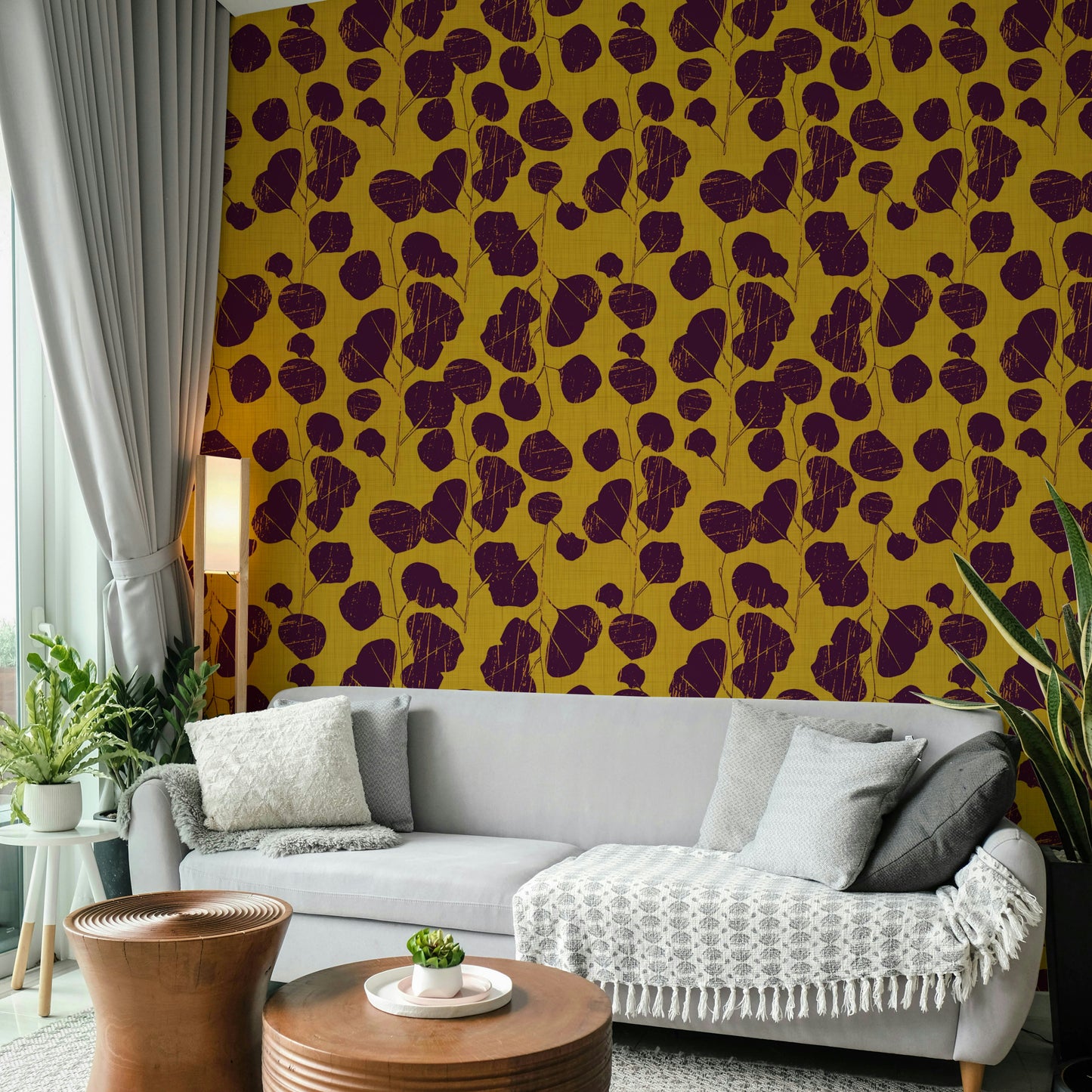 An elegant plum leaf wall mural for bohemian decor.

