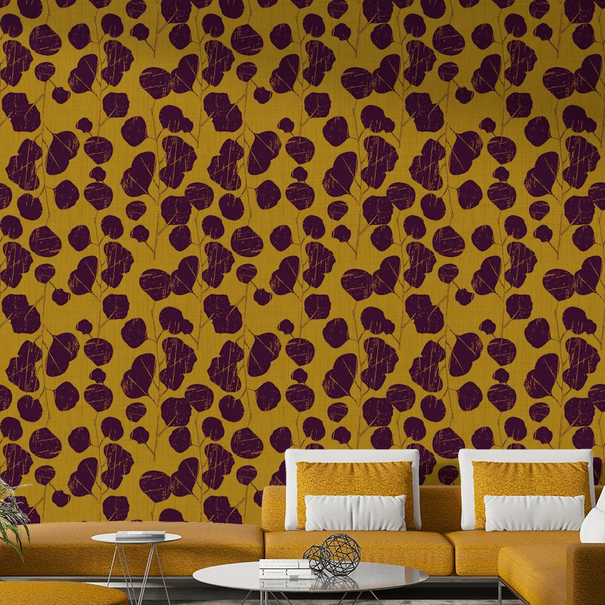 A tasteful botanical wall mural of plum leaves.

