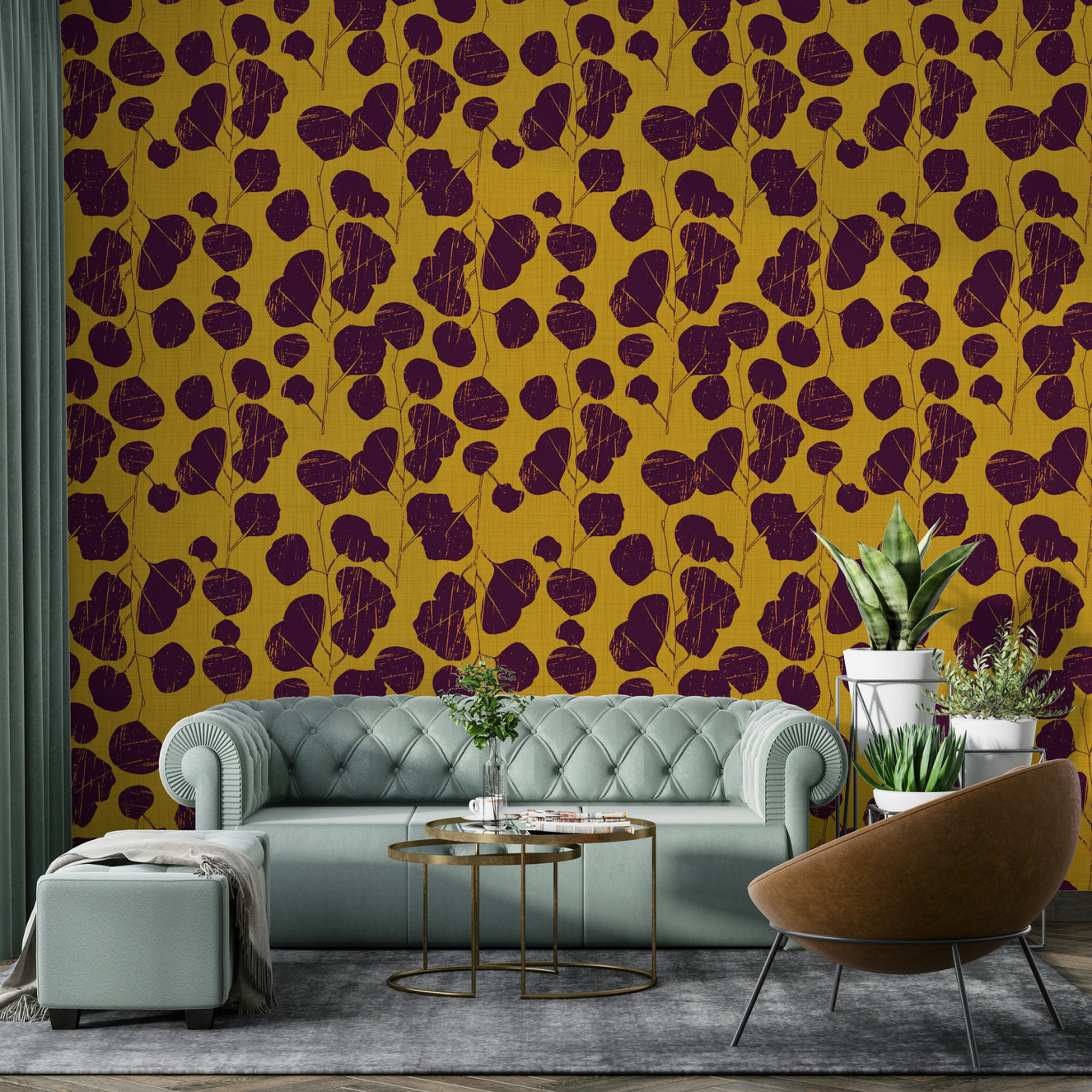 A beautiful boho floral wallpaper mural with mustard accents.

