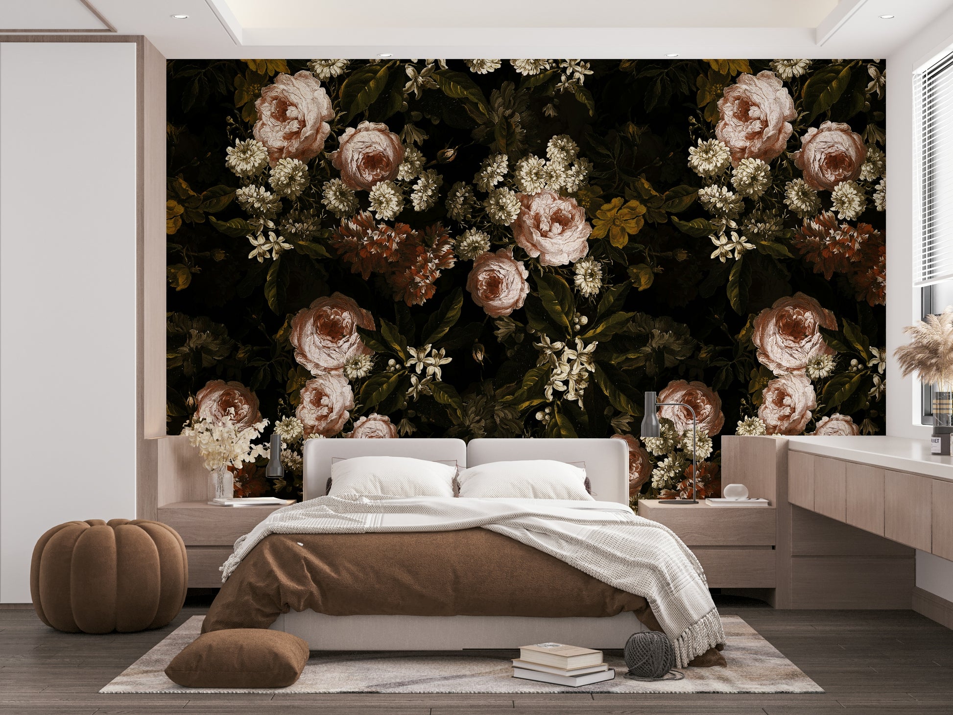 An elegant midnight bloom wall mural for dramatic decor.

