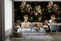 A romantic midnight garden mural on decorative wallpaper.

