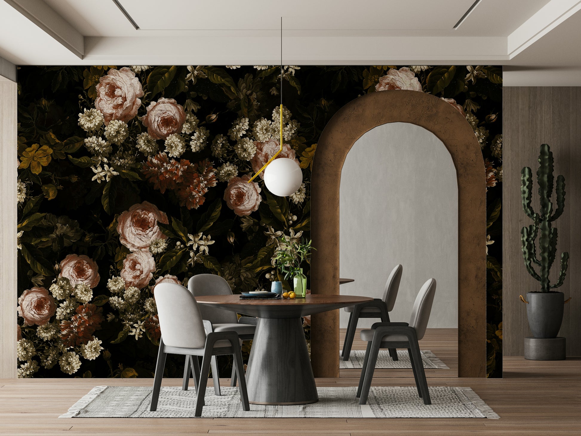 A graceful flower wall mural in rich, dark tones.

