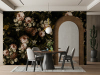 A graceful flower wall mural in rich, dark tones.

