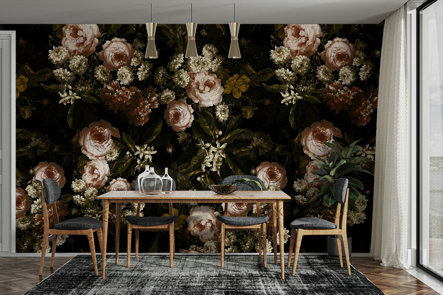 A tasteful baroque bloom wall mural of flowers.

