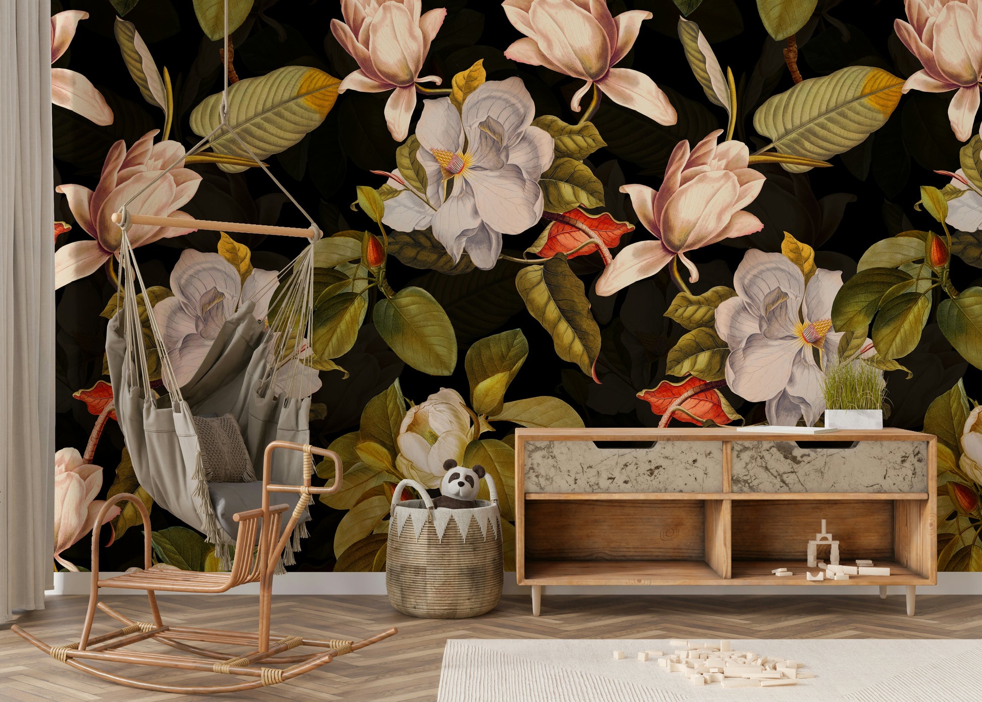 A beautiful dark floral wallpaper mural with magnolia flowers.

