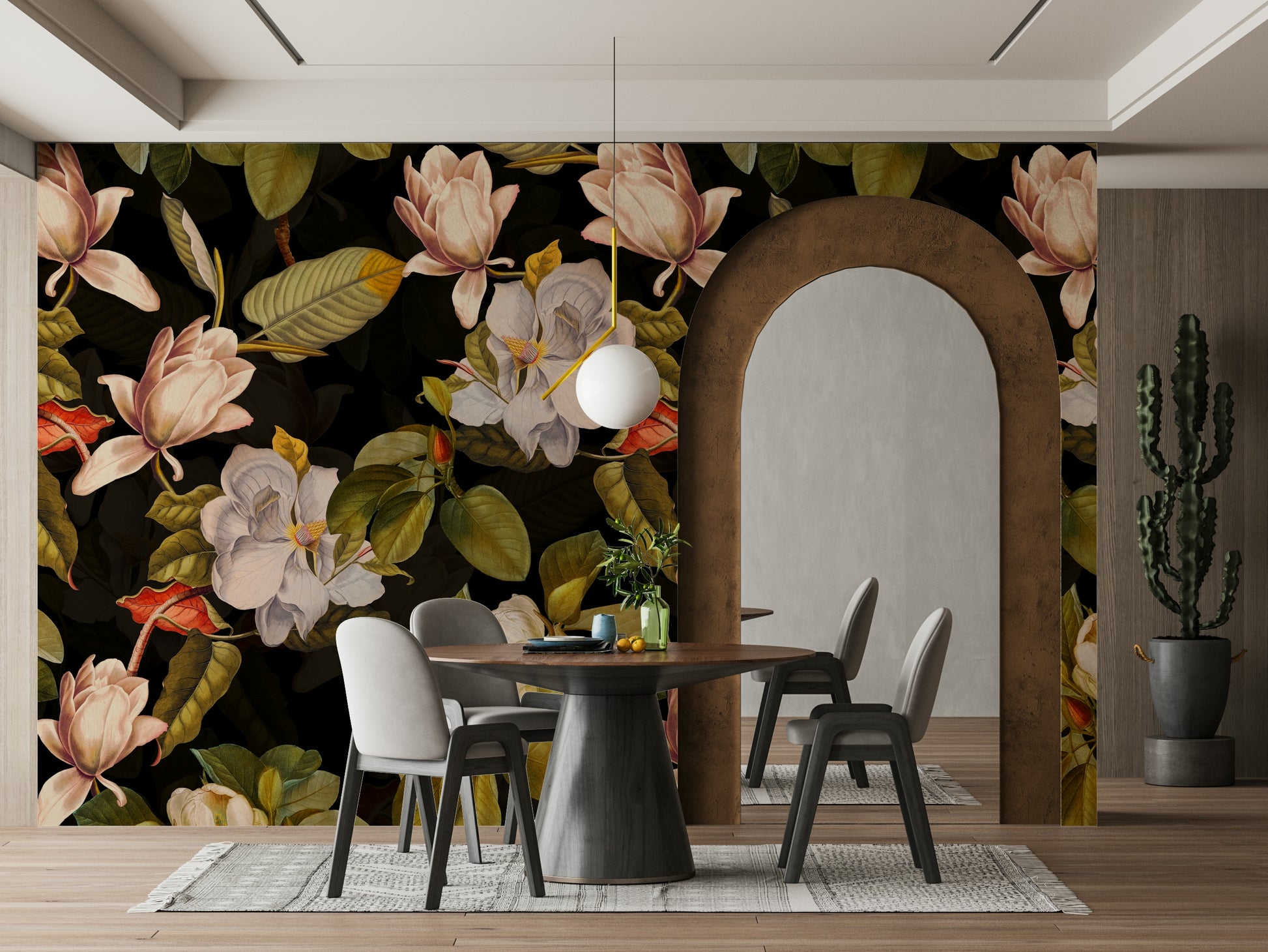 A romantic magnolia garden mural on decorative wallpaper.

