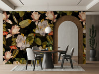 A romantic magnolia garden mural on decorative wallpaper.

