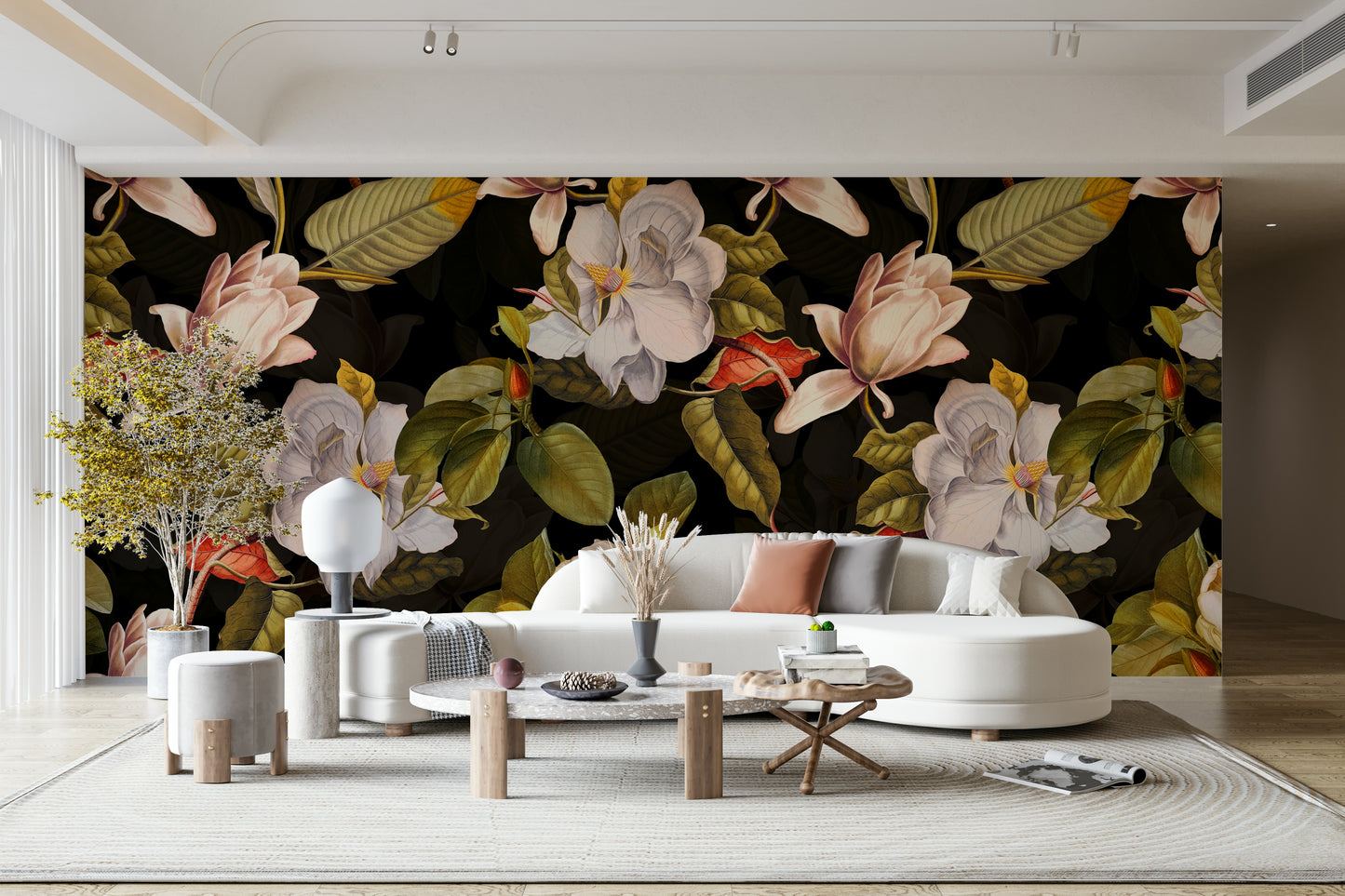 A tasteful black background wall mural of flowers.

