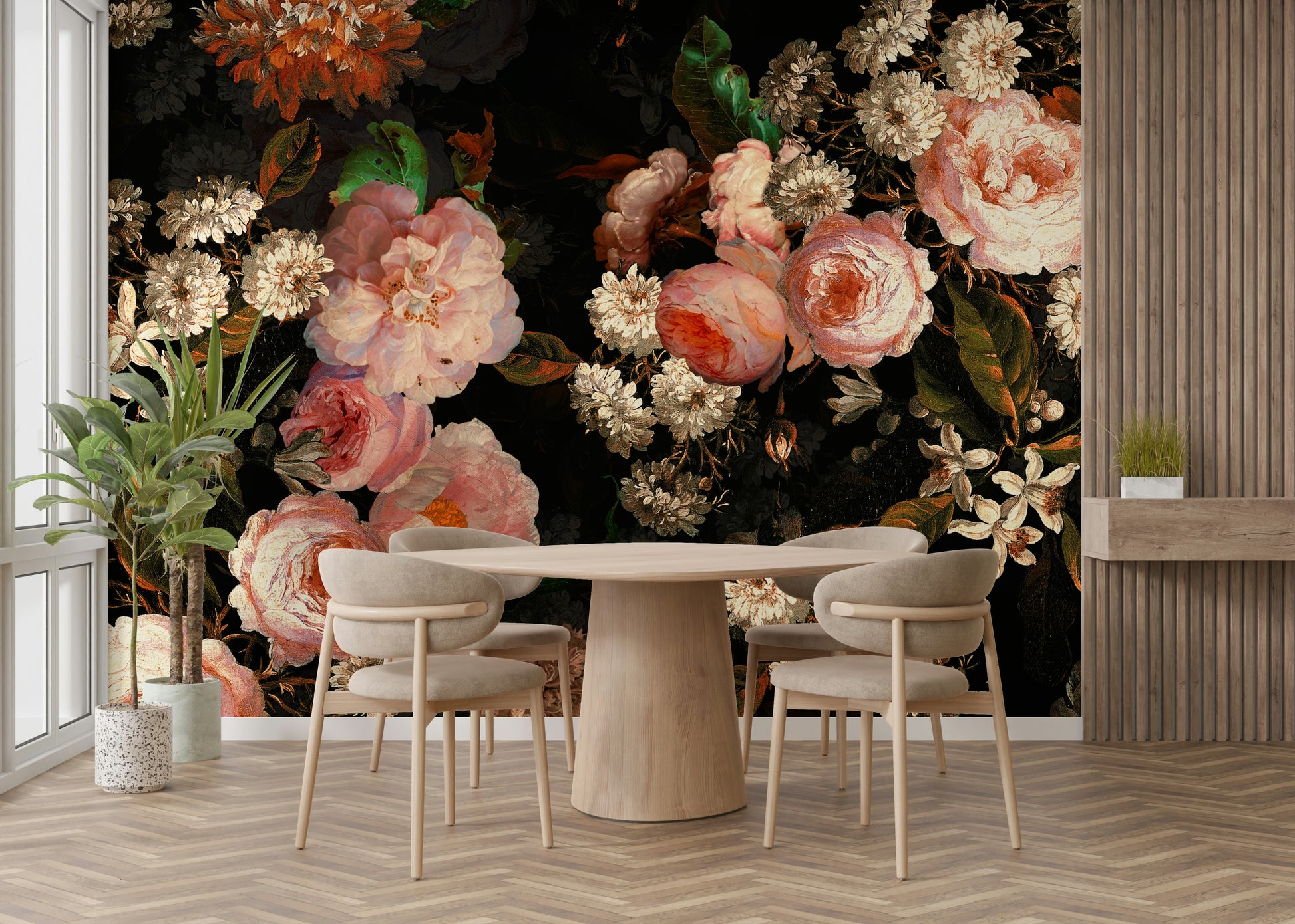 A romantic rose garden mural on decorative wallpaper.

