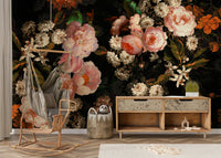 A graceful flower wall mural in rich, dark tones.

