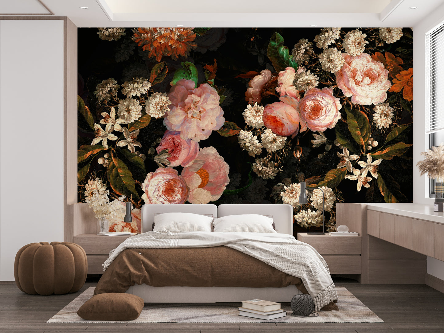 An elegant midnight bloom wall mural for dramatic decor.

