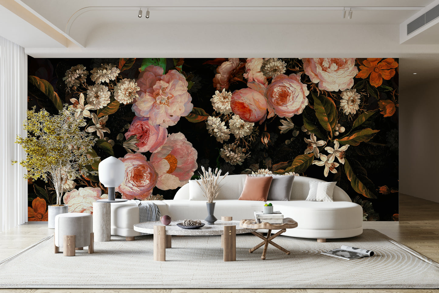 A sophisticated dark floral wallpaper mural for a feature wall.
