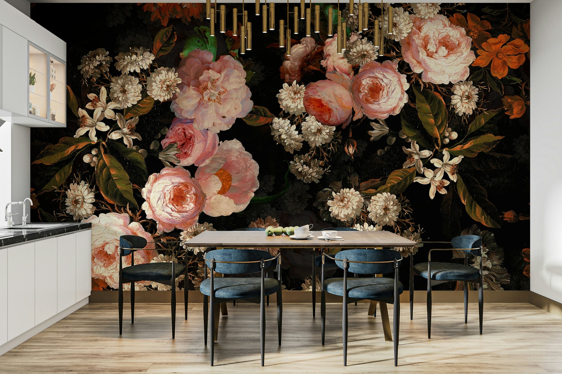 A moody rose garden mural for stylish wallpaper.

