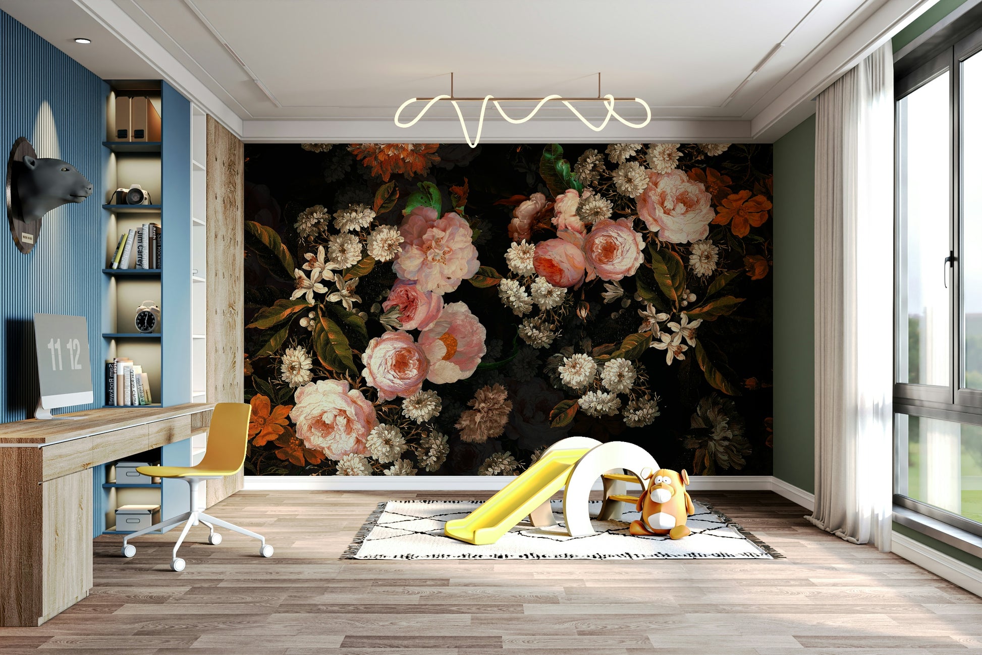 A tasteful midnight rose wall mural of flowers.

