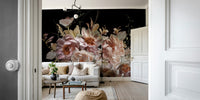 A beautiful dark floral wallpaper mural with blush peonies.

