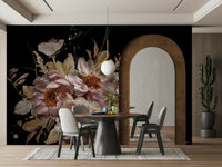 A tasteful black background wall mural of flowers.

