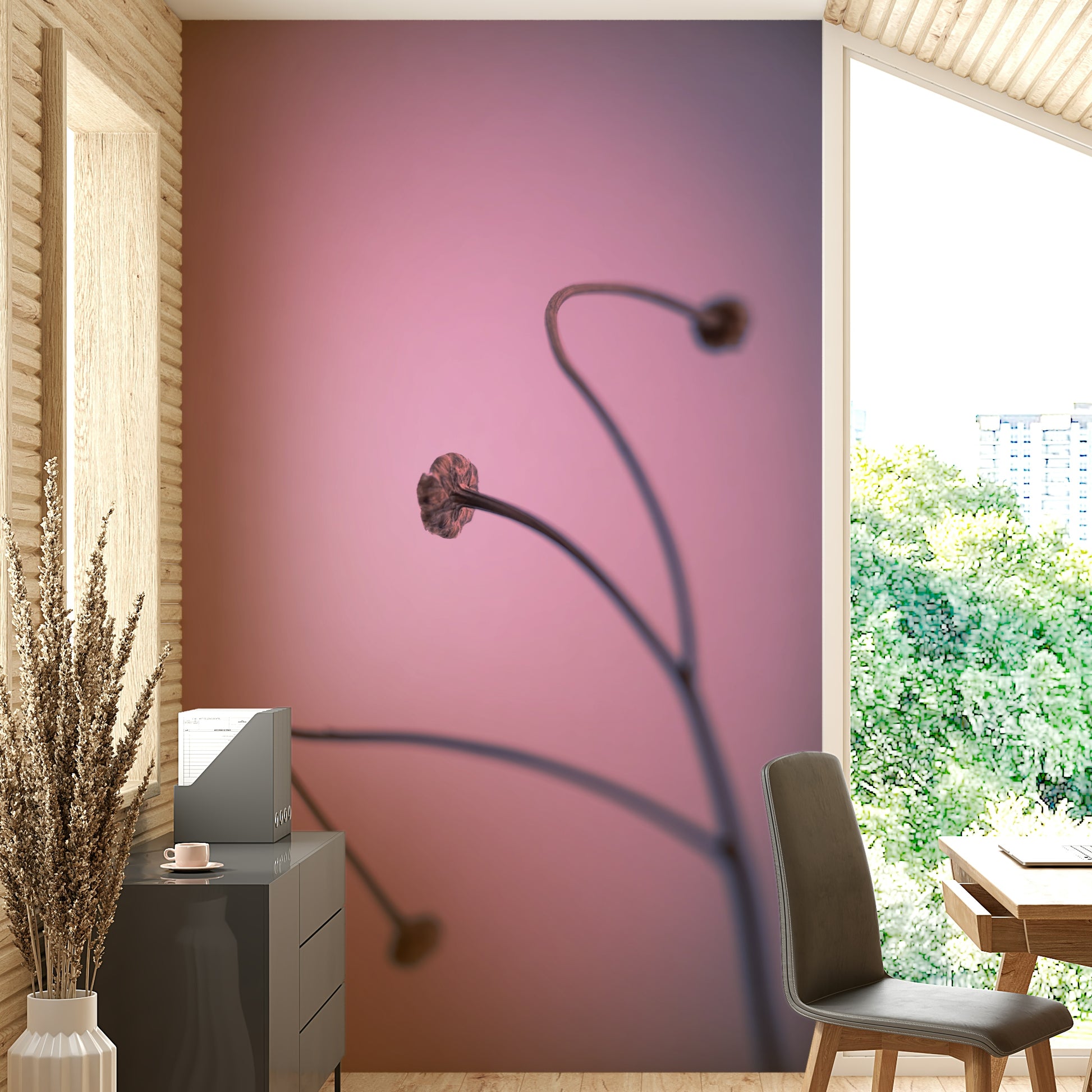An artistic floral stem mural on minimalist wallpaper.