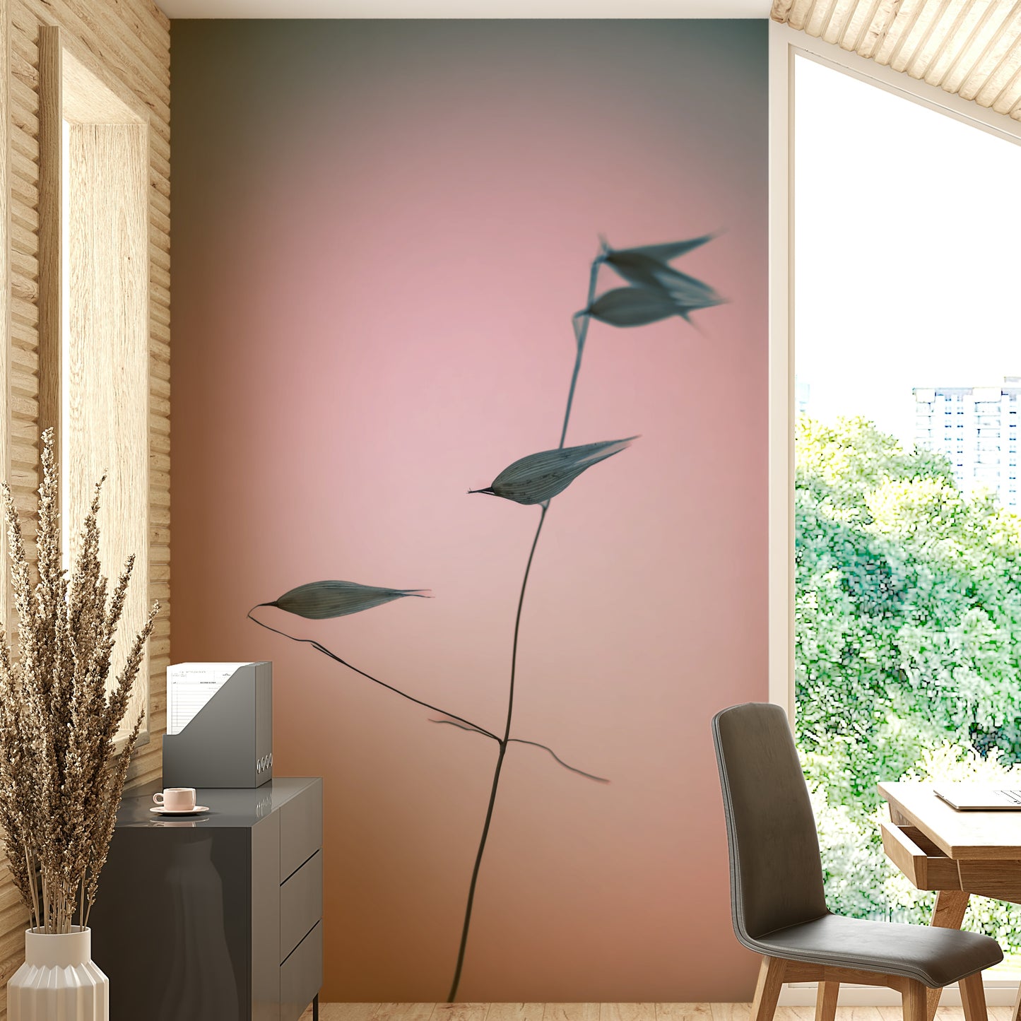A serene abstract plant wall mural for your decor.

