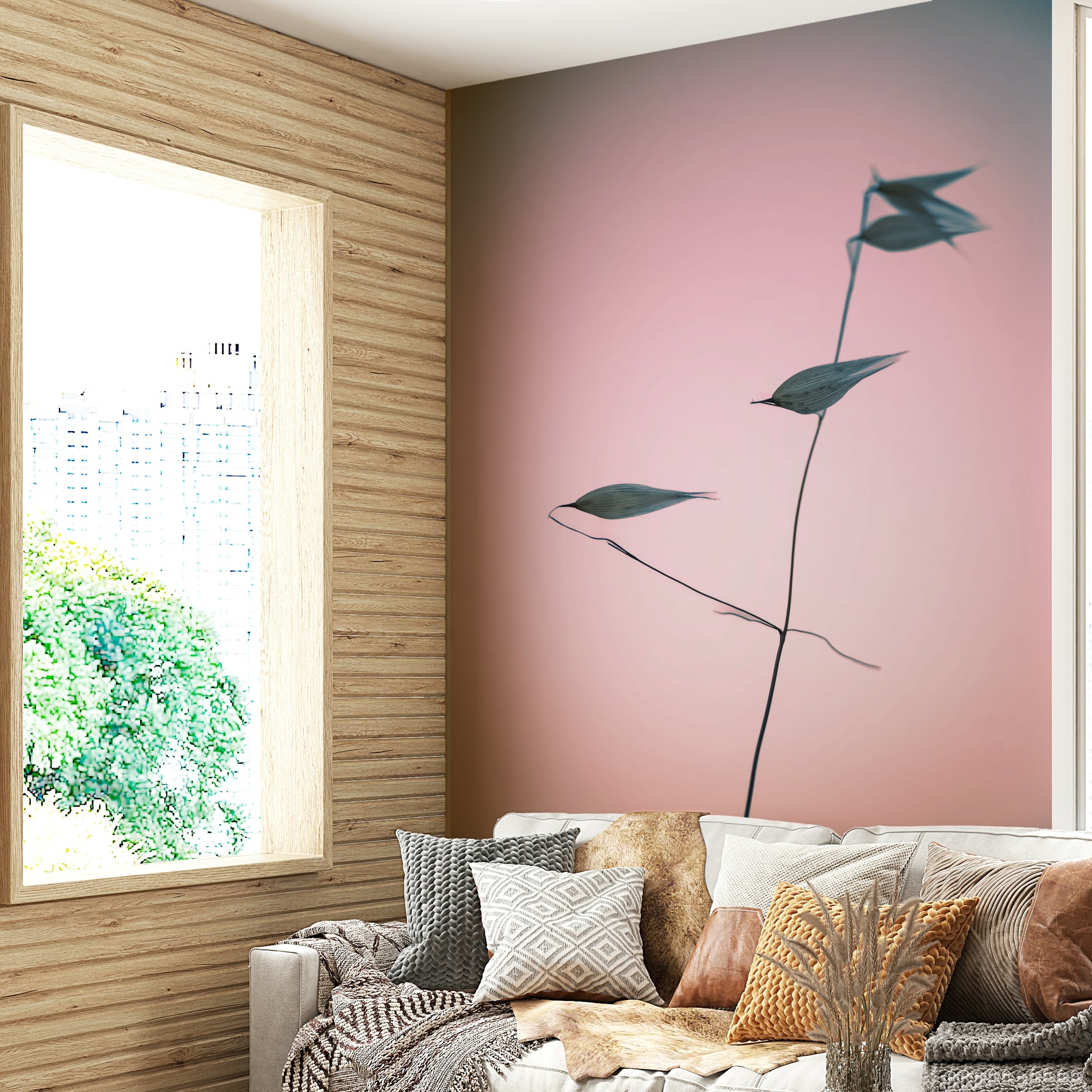 A beautiful pink and blue botanical wallpaper mural.

