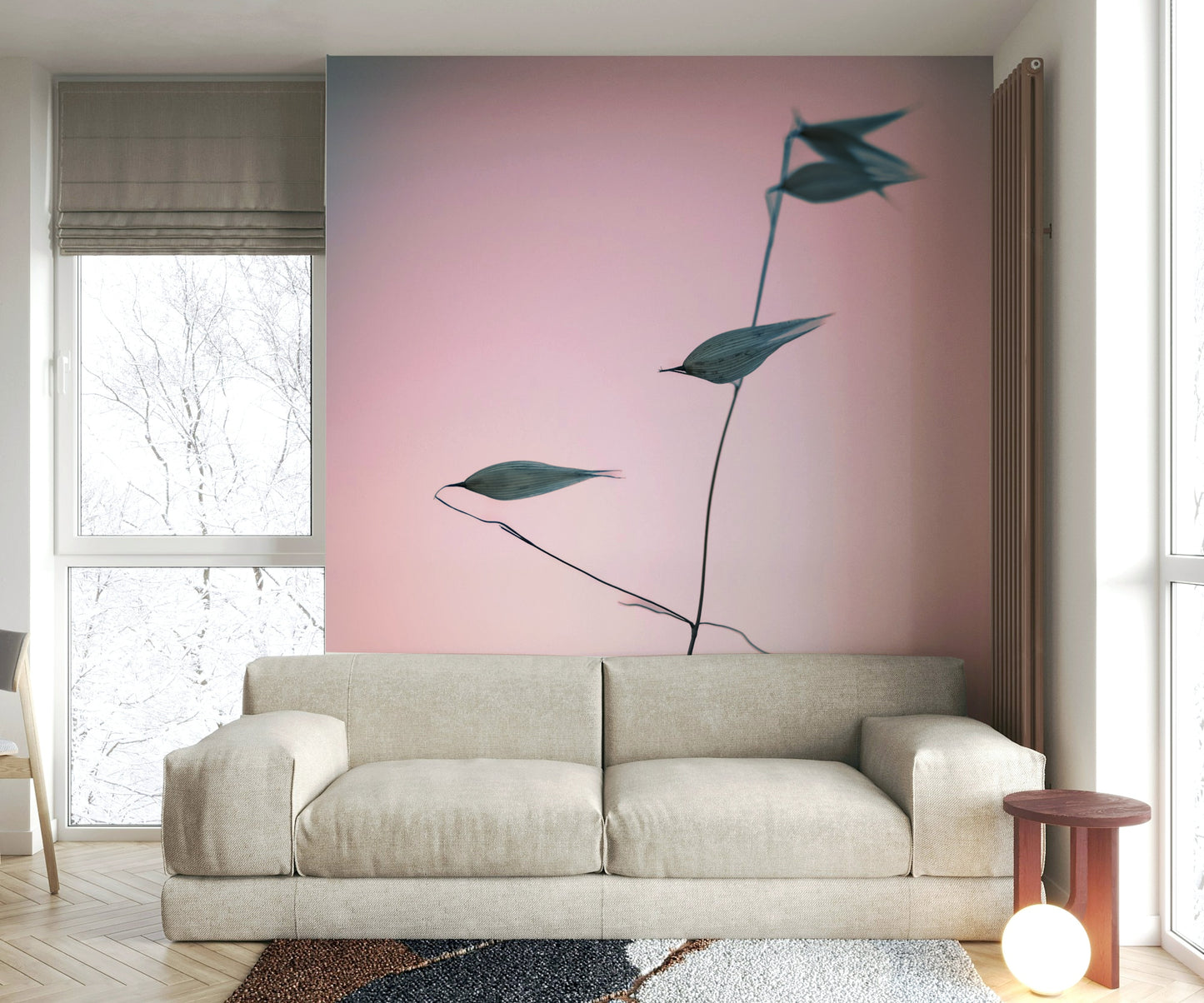 A calming single stem mural in a gradient wallpaper.

