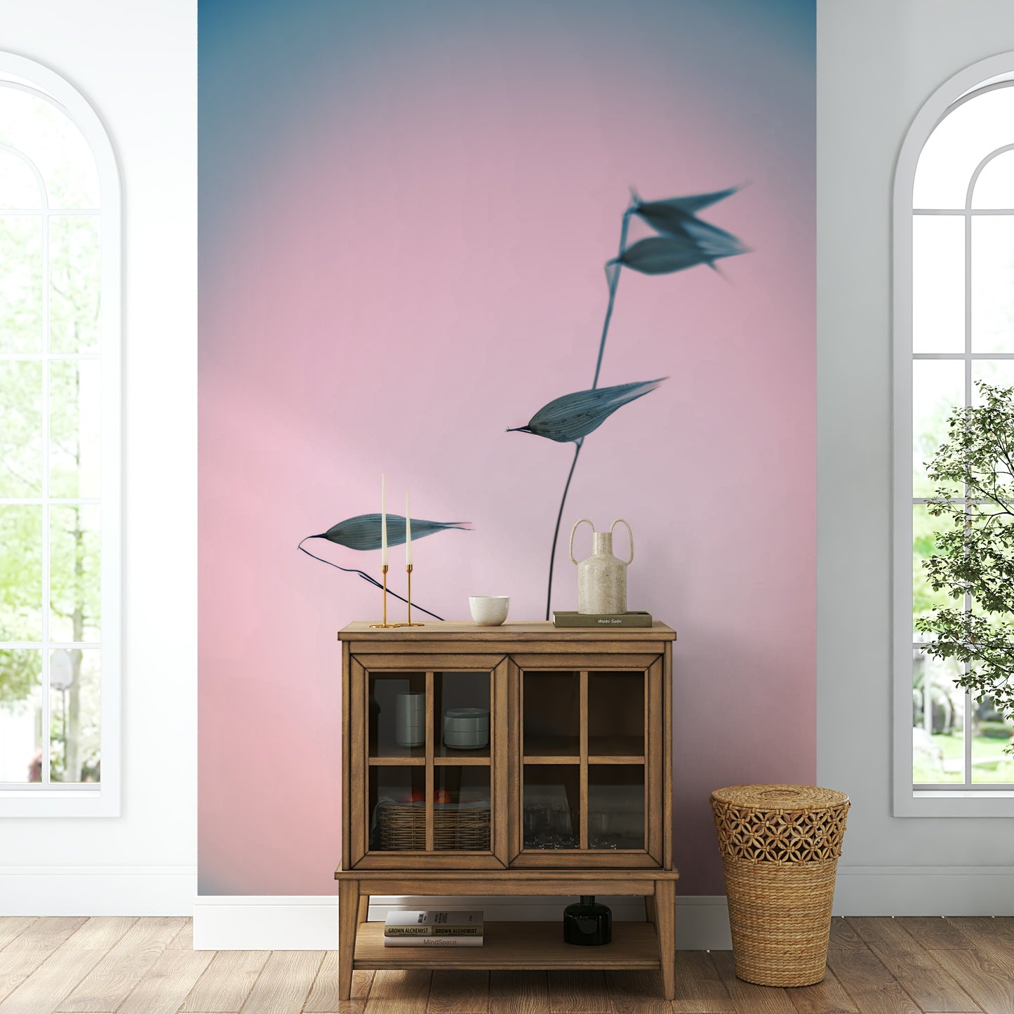 A calming single stem mural in a gradient wallpaper.

