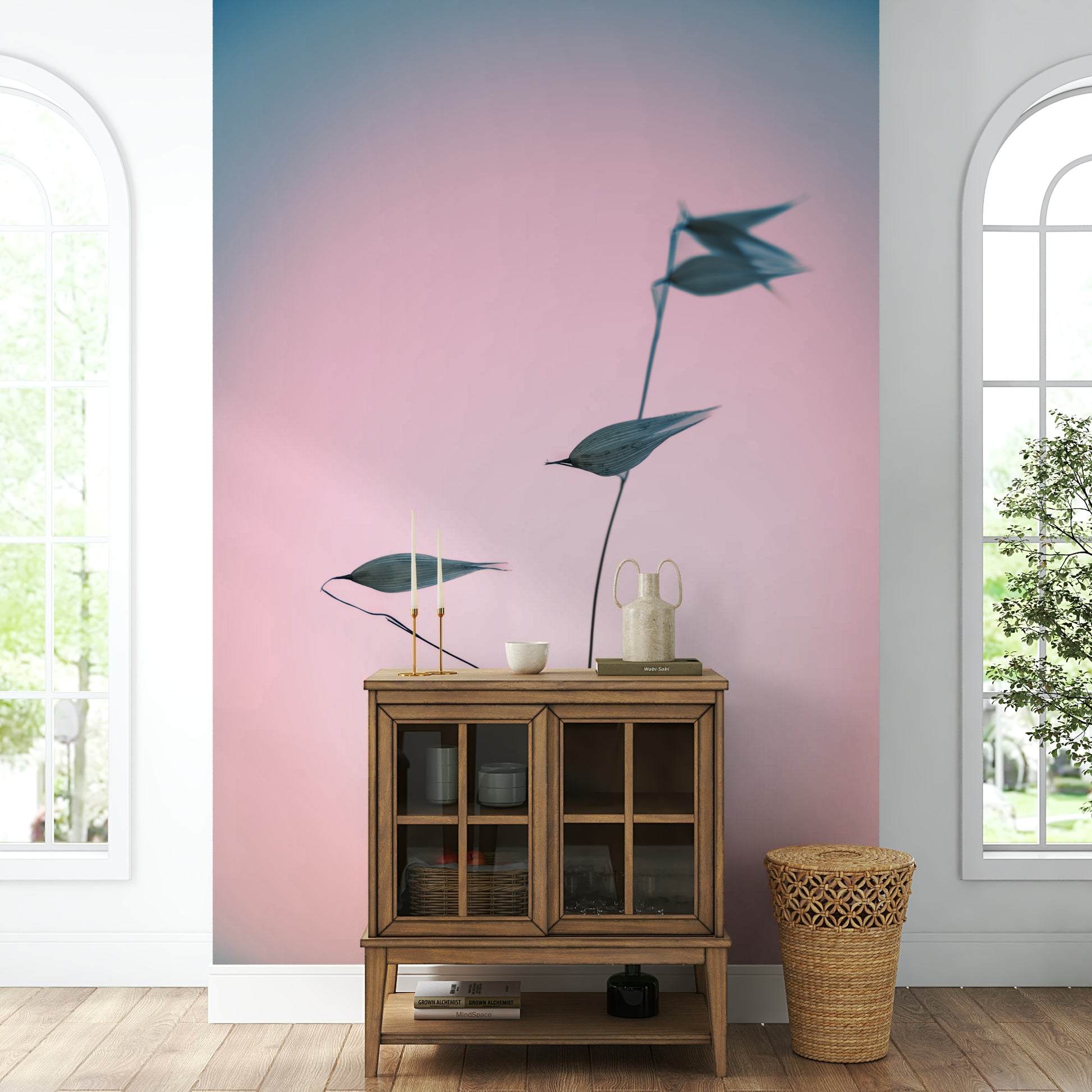 A calming single stem mural in a gradient wallpaper.

