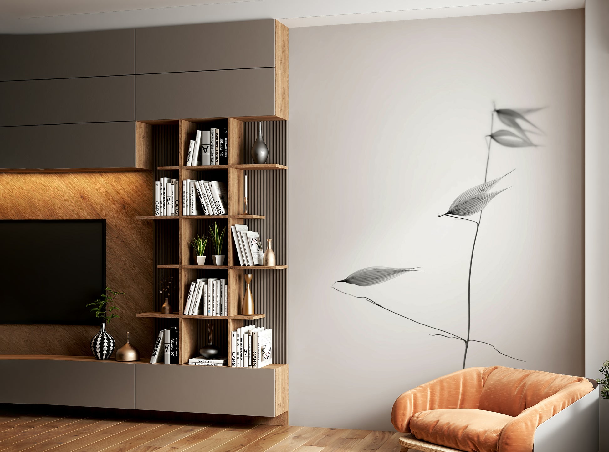 A living room featuring the abstract botanical wall mural.

