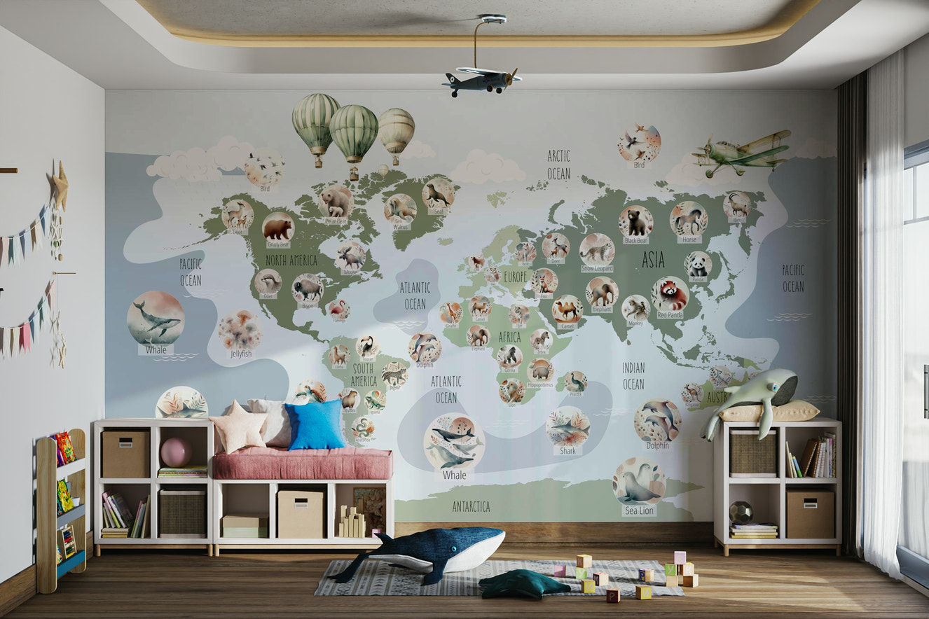 A beautiful, adventure-themed world map with cartoon wildlife.

