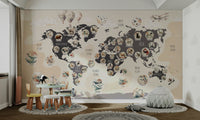 A living room featuring the animal map wall mural.

