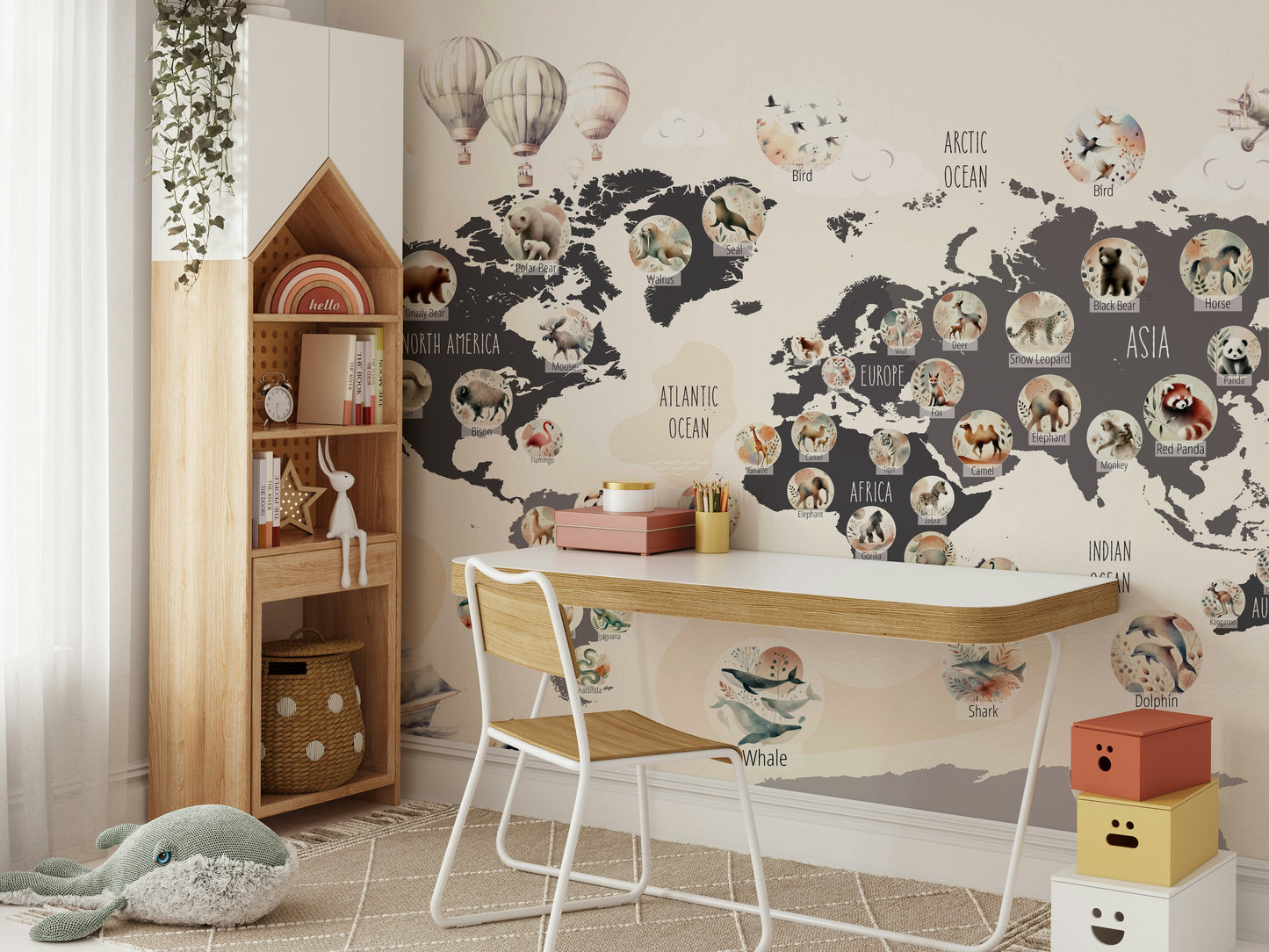 A minimalist home office with the chic world map wallpaper.

