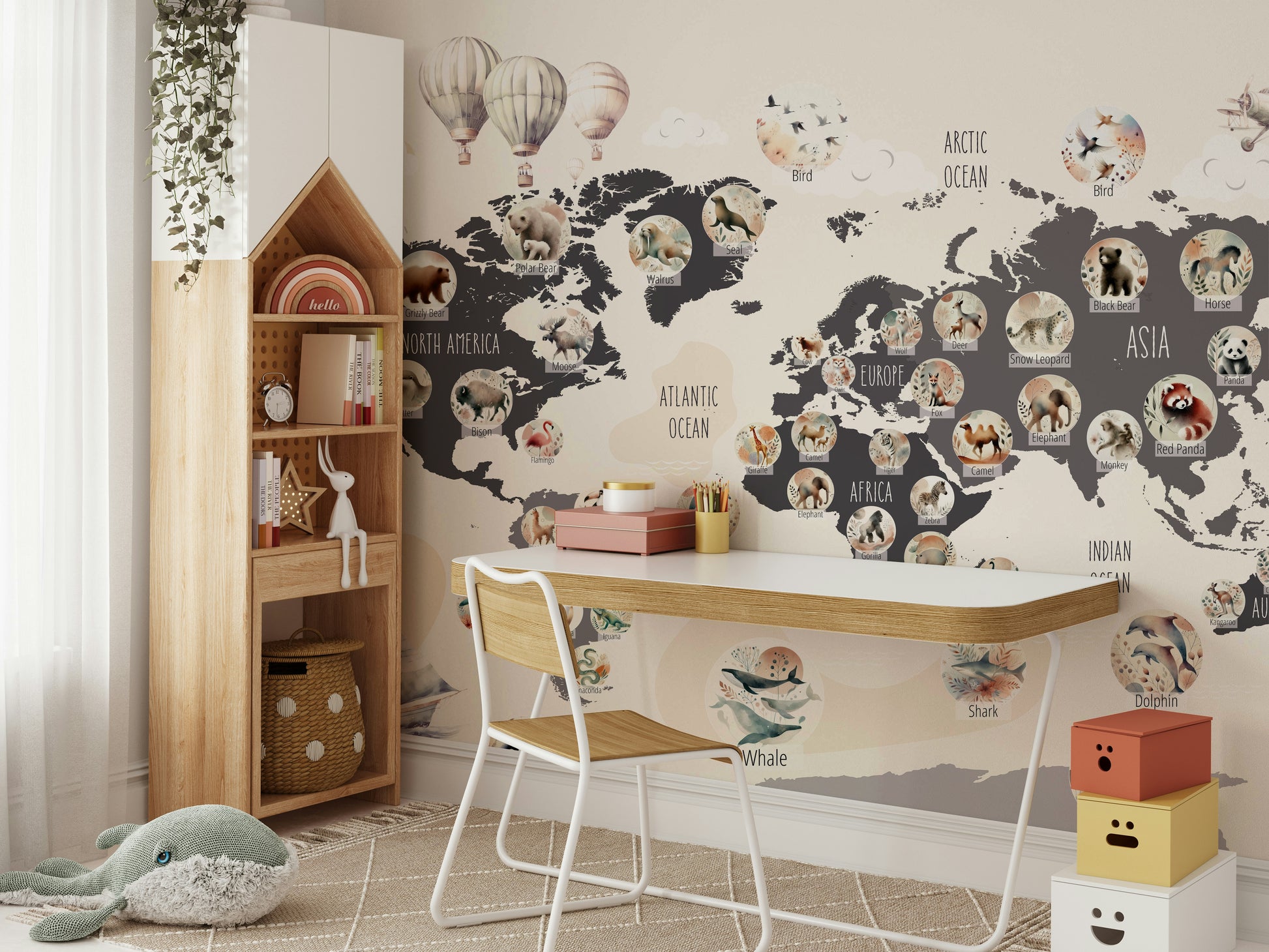 A minimalist home office with the chic world map wallpaper.


