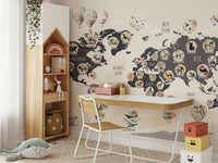 A minimalist home office with the chic world map wallpaper.

