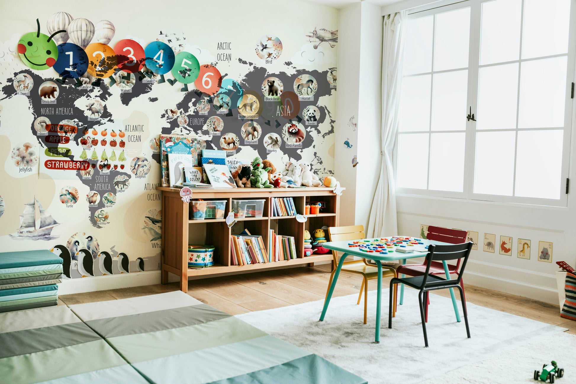 The wallpaper is used to create a feature wall in a children's room.

