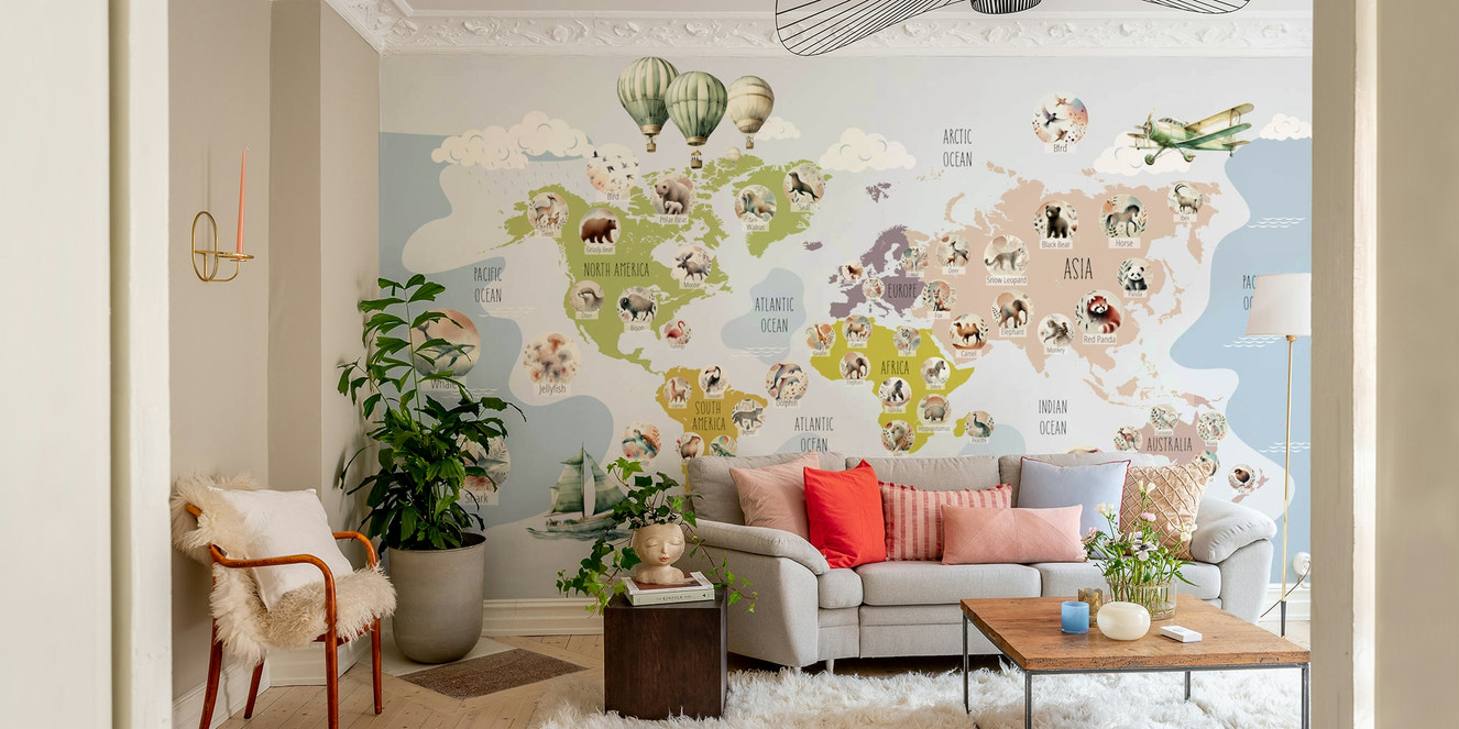 A beautiful, whimsical world map with cartoon animals.


