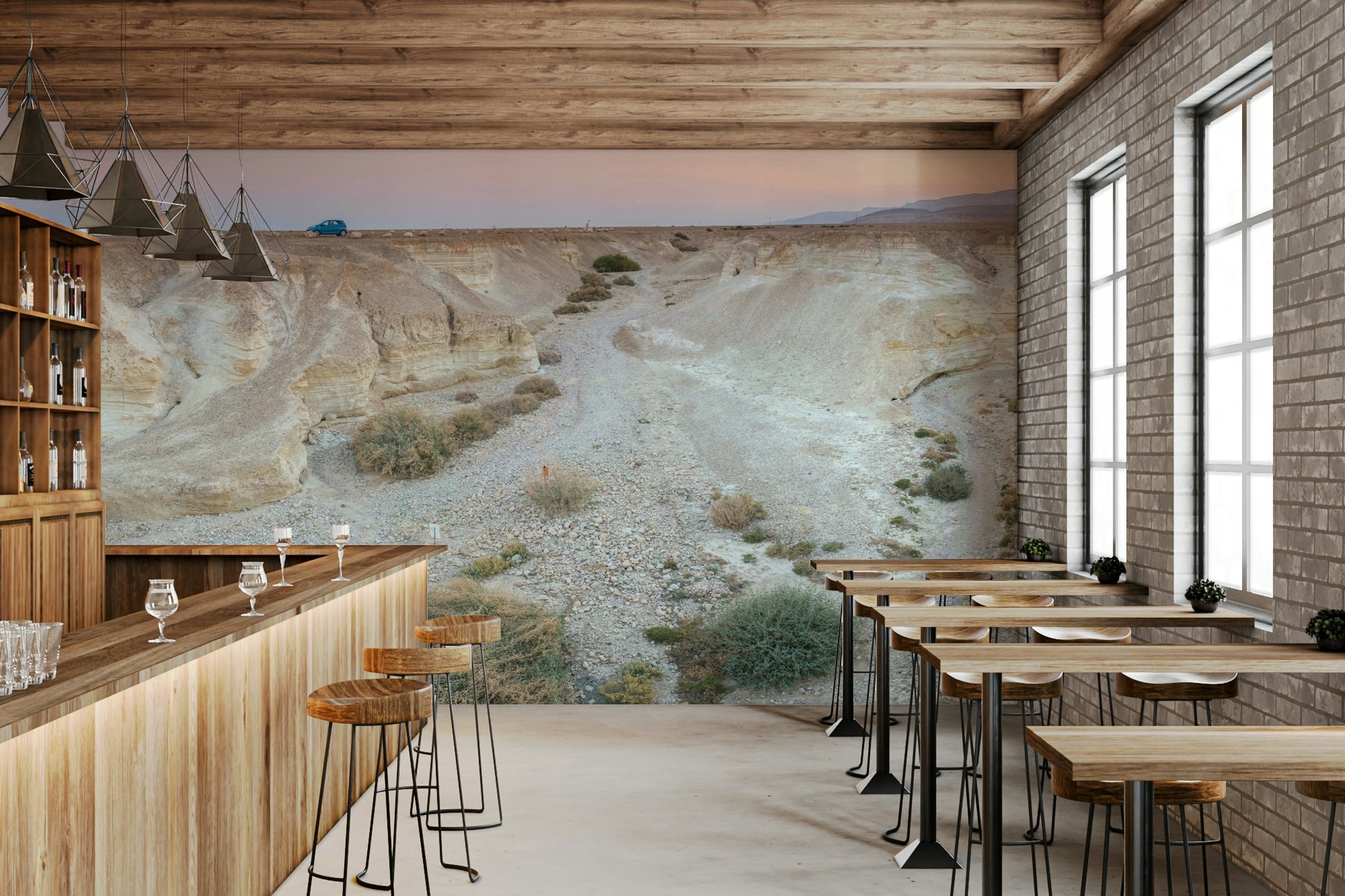 A minimalist interior with the desert-themed wallpaper.

