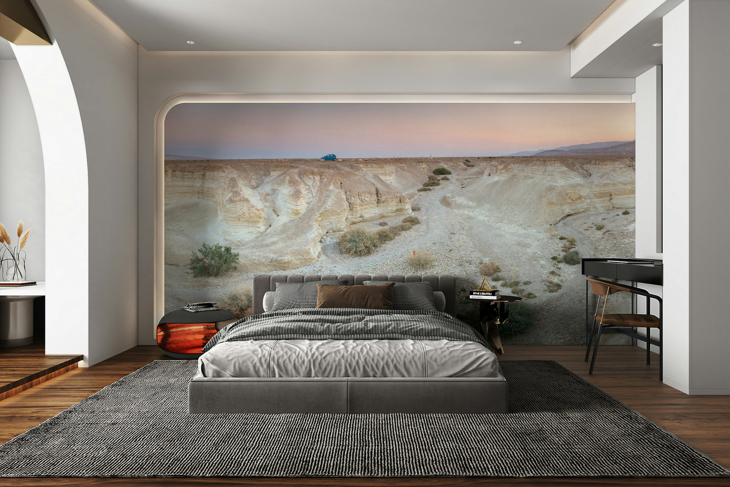 A high-angle view of the wall mural in a large space.

