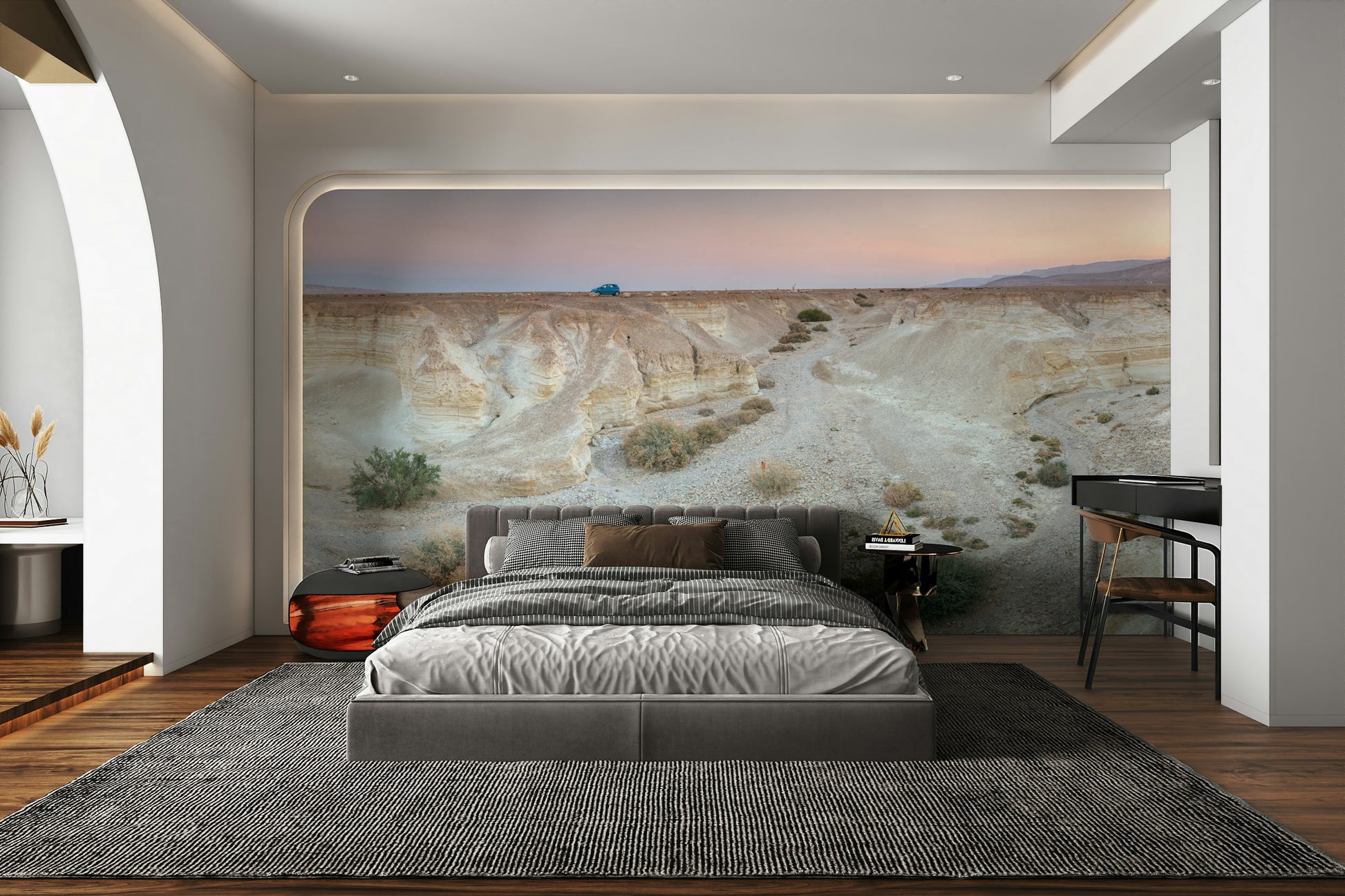A high-angle view of the wall mural in a large space.

