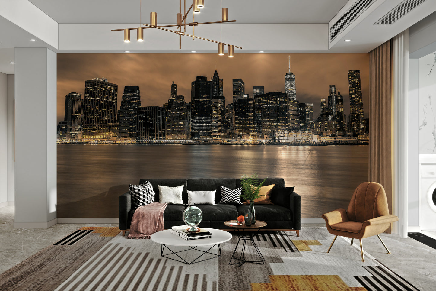 A living room featuring the iconic city wall mural.

