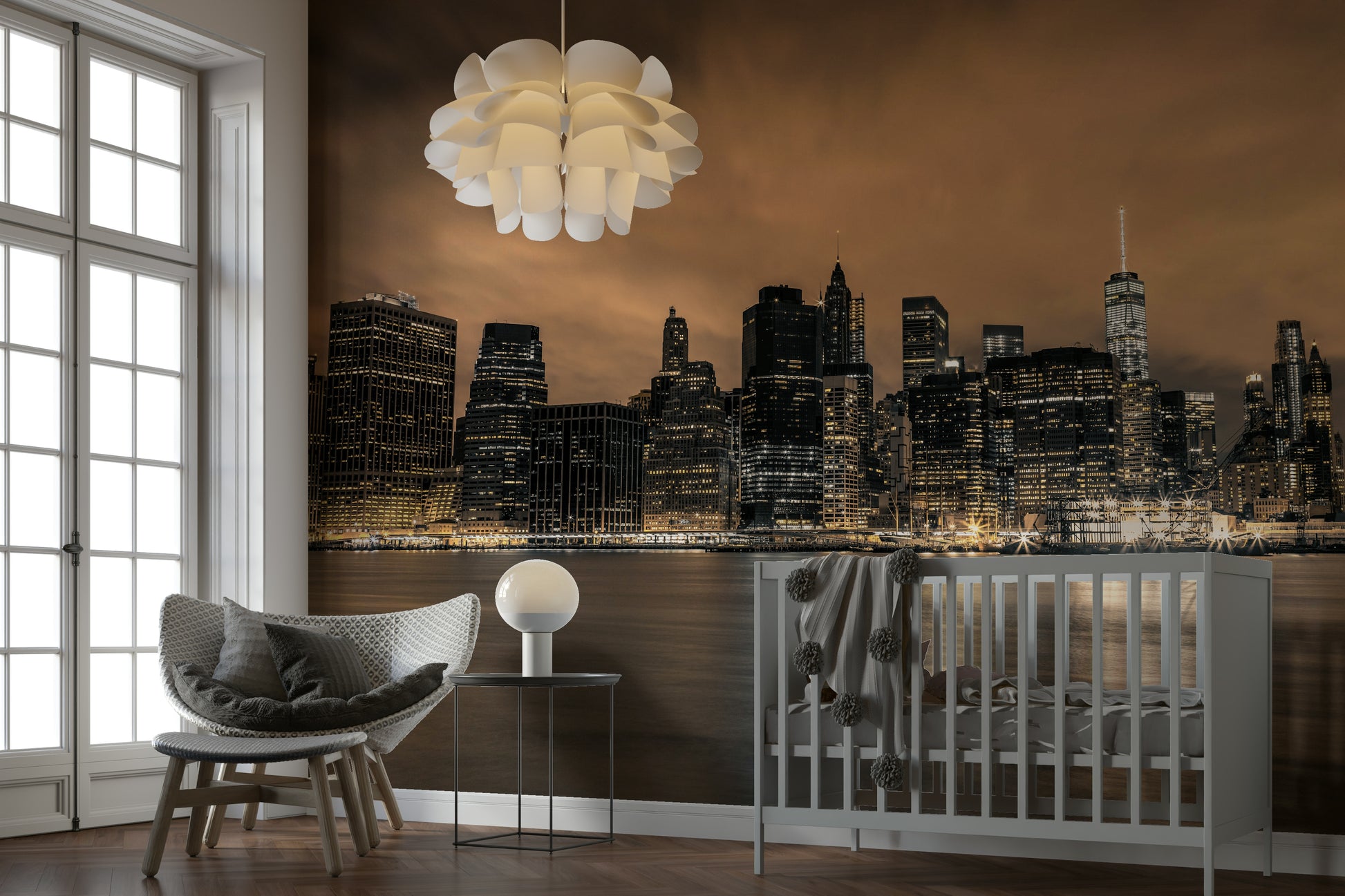 The wallpaper is used as a feature wall in a bedroom.

